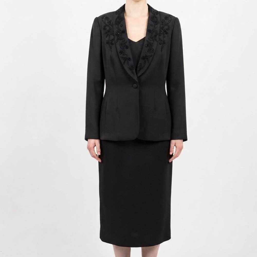 Plaza South Skirt Suit Womens 10 Black Beaded Shawl Collar Vintage NWT